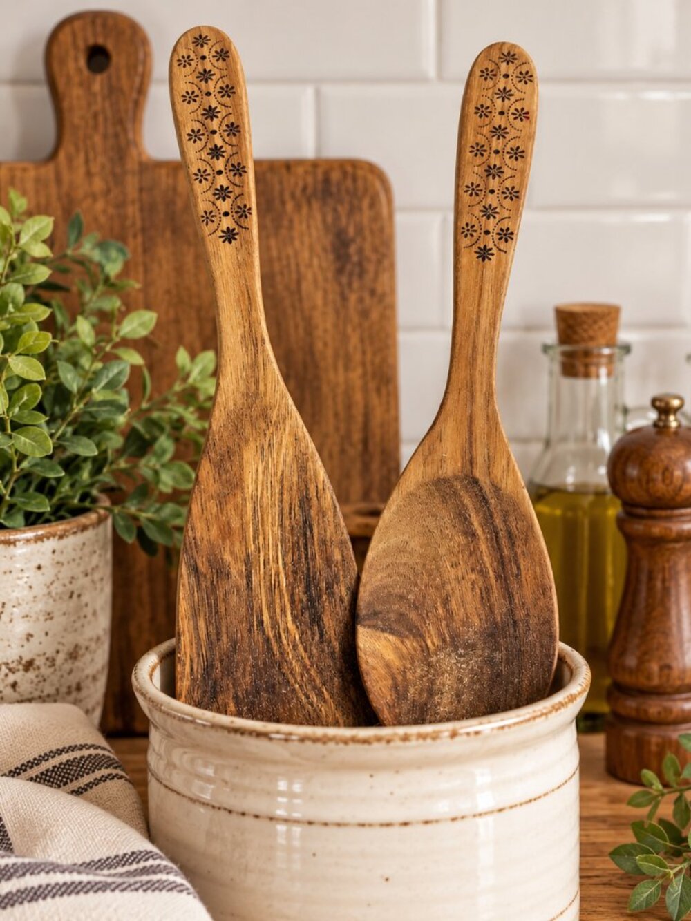 Rustic Floral Burned Etched Design Wooden Spoon & Fork Set